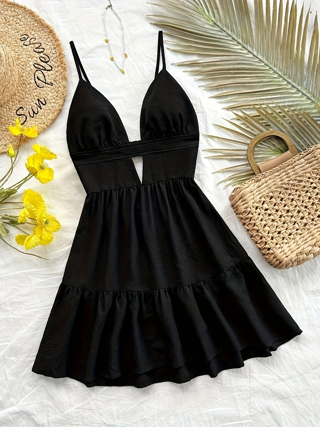 Women's Black V-Neck Open Back Ruched Waist Sleeveless Dress - Lightweight Machine-Washable Solid Color Casual to Evening Wear for Spring Summer Fall